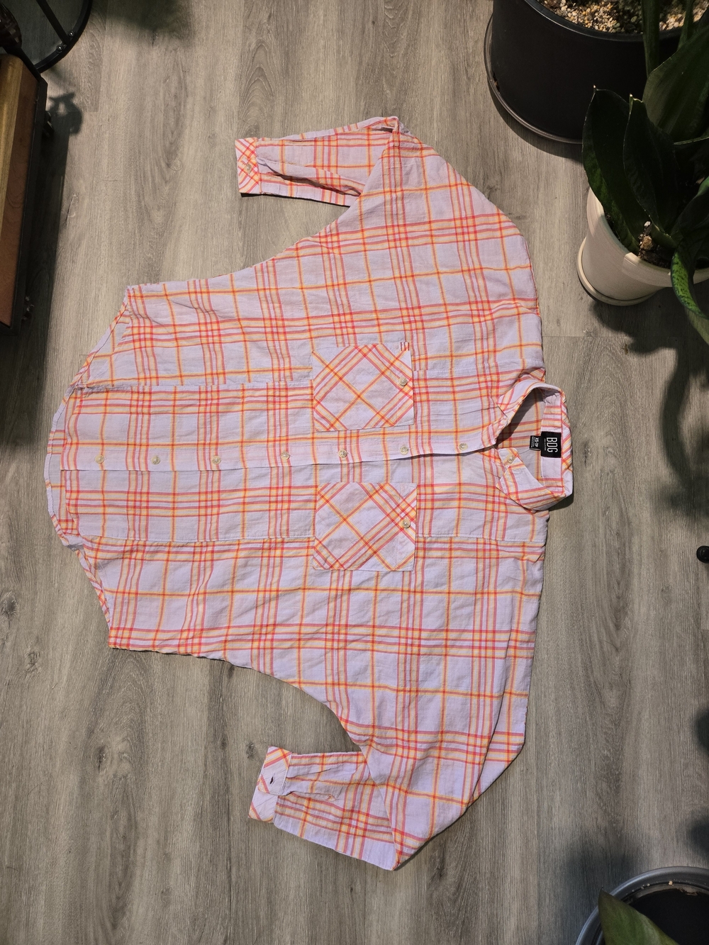 BDG Pink and Orange Plaid Button-Down Shirt